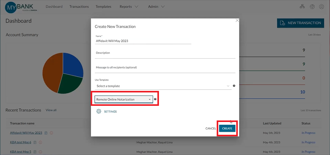 The notary selects ‘Remote Online Notarization’ then clicks the ‘Create’ button to proceed.